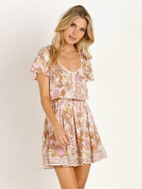 Spell & The Gypsy Jungle Mini Dress Cream Floral Boho Medium EUC